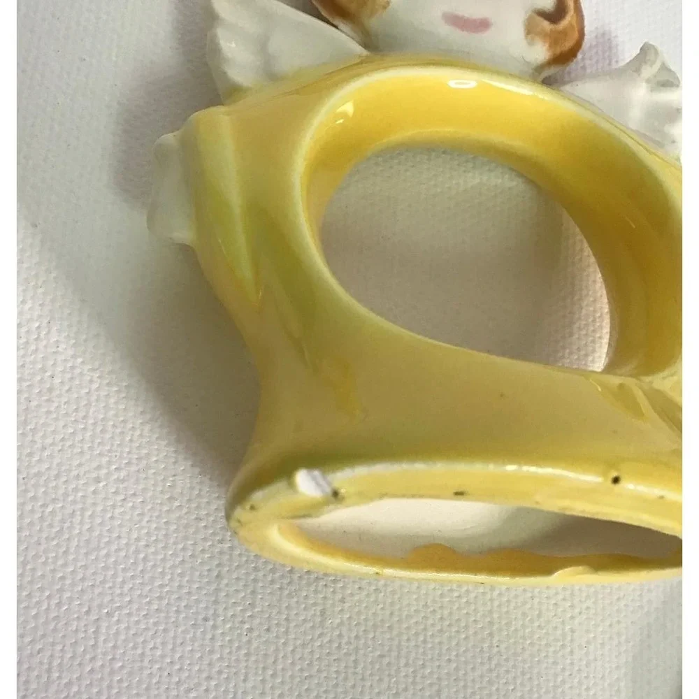 Vintage‎ Christmas Angel Ceramic Napkin Rings & Cloth Napkin 10 Kitschy Holiday